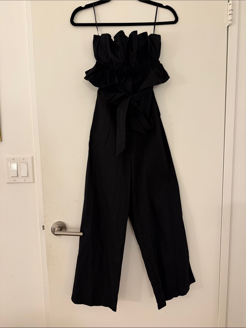 Strapless Ruffle-Waist Black Jumpsuit with Self-Tie Belt